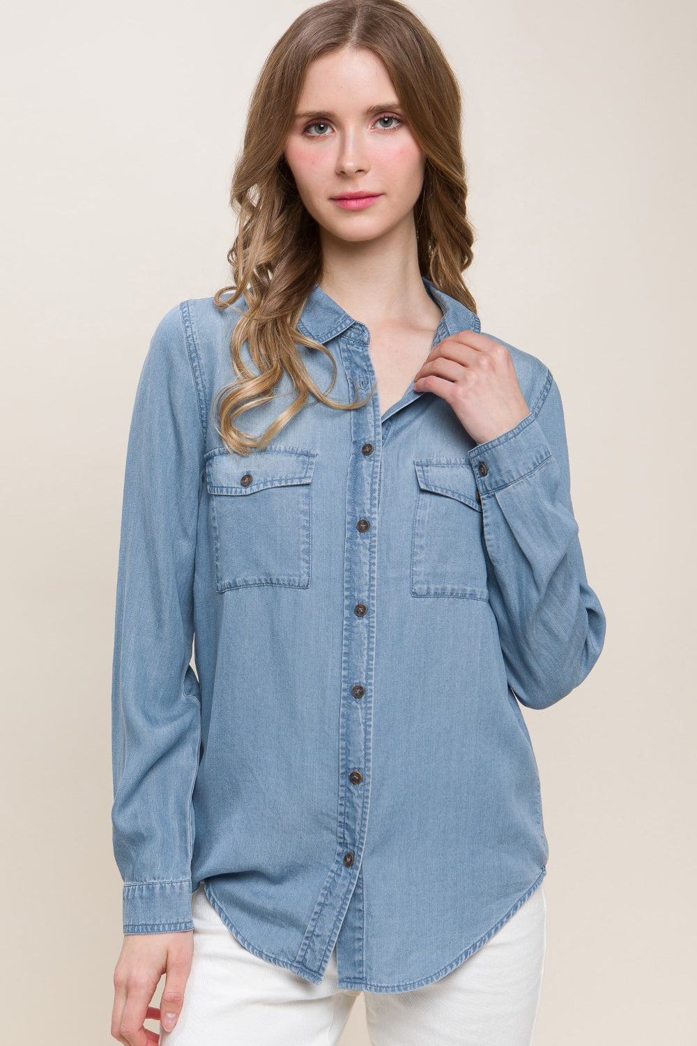 Love Tree Scooped Hem Button Up Denim Shirt